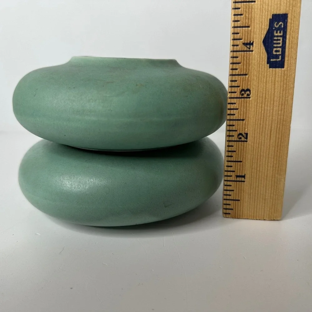 2 Art‎ Pottery Matte Green Low Profile Round Vases MCM Style Unmarked 2